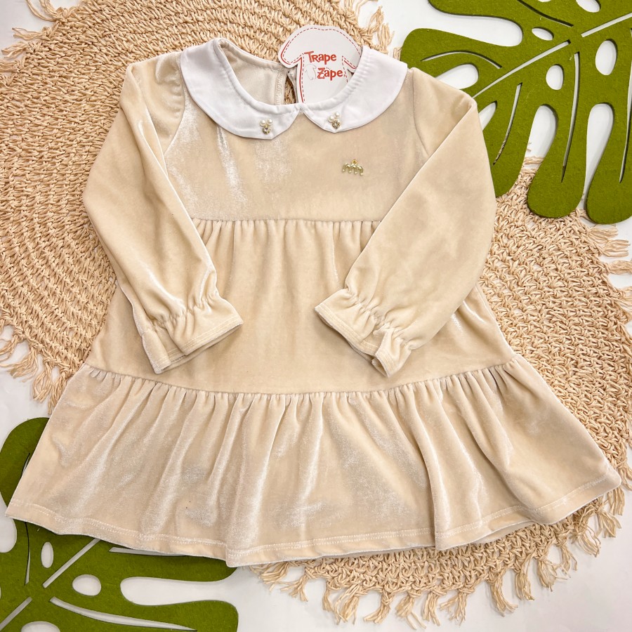 Inverno 2025 - Vestido de Veludo com Gola e Perolas - Bege 